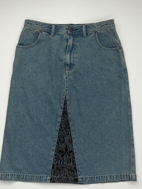 Vintage Denim Midi Skirt | Front Slit Contrast Panel | High Rise Straight Skirt